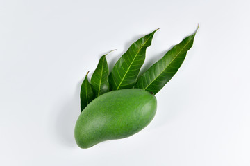 Green mango and leaf on whitebackground.