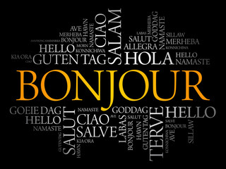 Bonjour (Hello Greeting in French) word cloud in different languages of the world