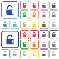 Unlocked combination lock with side numbers outlined flat color icons