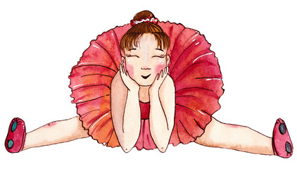 Little sitting ballerina in red dress. Hand drawn watercolor illustration.