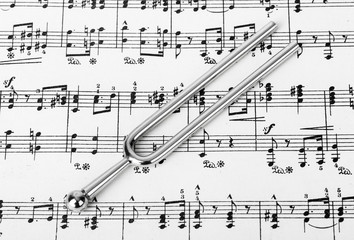 Fototapeta premium Pitchfork on sheet music - art background