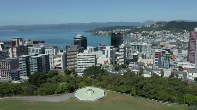 Wellington city, New Zealand. Aerial decent shot, 4k