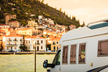 Camper car in greek resort. Travel