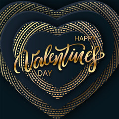 Valentine's Day calligraphy card with Hearts. Modern golden halftone cover. Horizontal banner, add, header, website.