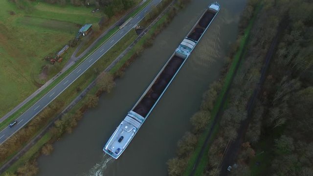 Aerial view of a cargo vessel on Saar River near Serrig, Saar Valley, Rhineland-Palatinate, Germany, Europe