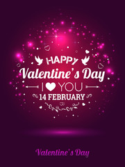 Naklejka na ściany i meble Happy Valentines Day greeting card. I Love You. 14 February. Holiday background with hearts, light, stars. Vector Illustration