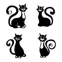 Set of black and white funny vector cats icons isolated on white