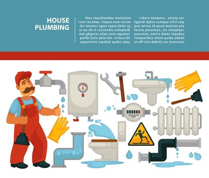 House plumbing plumber services bathroom piping vector illustration