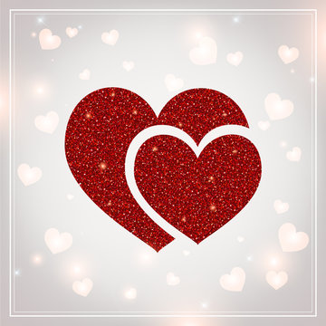Valentines Day - vector greeting card with glitter red hearts on shiny background