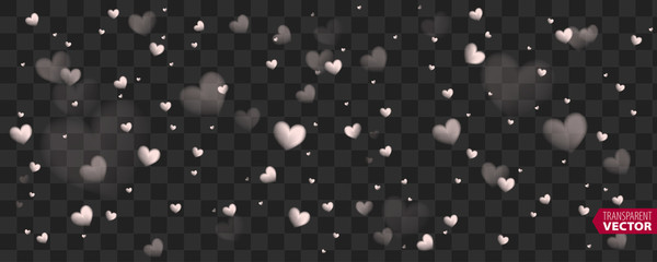 Valentines Day background of red hearts falling. Element for greeting cards. Transparent vector effect