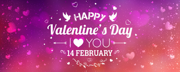 Happy Valentines Day greeting card. I Love You. 14 February. Holiday background with hearts, light, stars. Vector Illustration.