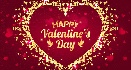 Happy Valentines Day greeting card. I Love You. 14 February. Holiday background with hearts, light, stars. Vector Illustration.