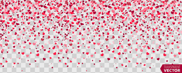Valentines Day background of red hearts falling. Element for greeting cards. Transparent vector effect