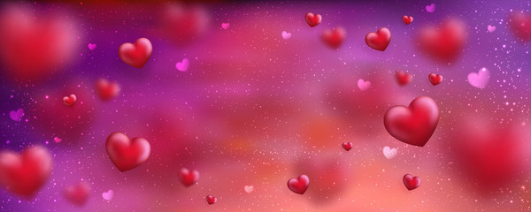 Happy Valentine's Day greeting card. Cute love banner for 14 February. Holiday background with 3d hearts, light, stars on red.