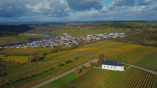 Aerial view of the St. Rochus chapel in the vineyards near Nittel, Obermosel, Moselle Valley, Rhineland-Palatinate, Germany
