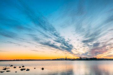 Helsinki, Finland. Panorama Panoramic View Of Suomenlinna Church In Fortress Of Suomenlinna Or Sveaborg And Partially Fortified Island Harakka On Sunrise Sunset Time