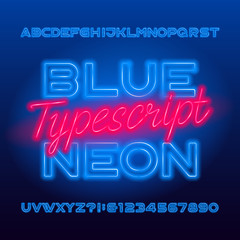 Blue Neon typescript. Blue color light bulb capital letters and numbers. Stock vector alphabet font for your typography design.