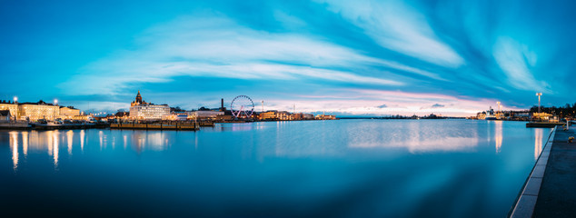 Helsinki, Finland. View Of Embankment With Ferris Wheel And Uspenski Cathedral In Illuminations During Morning Sunrise Time. © Great Brut Here