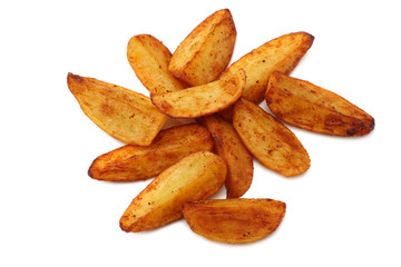 Fried potato wedges isolated on white background. top view. Fast food.