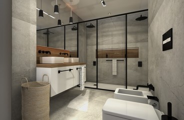 BAÑO 3D CON DUCHA DOBLE . RENDER 3D 