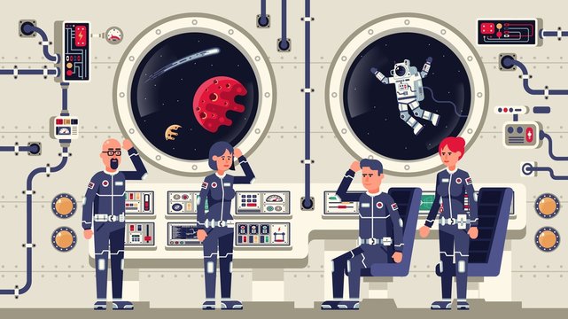 Astronauts are men and women aboard a spacecraft. The interior of the interstellar spaceship. Vector illustration
