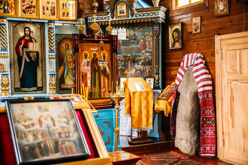 Turov, Belarus. Stone Cross Inside Orthodox Church Of All Saints