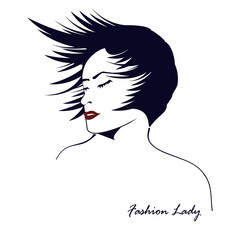 Abstract portrait of a young romantic woman. Model face with developing hair on a white background. Fashion lady