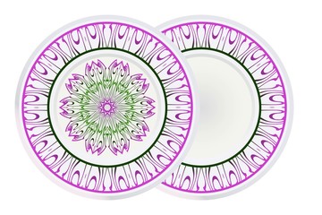 Mandala floral ornament for Decorative plates interior design. Empty dish, porcelain plate mock up design. Vector illustration. Home decor background. Purple, geen color