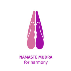 Element yoga namaste mudra hands. Vector illustration for a yoga studio, spa, postcards, souvenirs. Welcome gesture for harmony and gratitude. Pink hand and purple hand on a white background