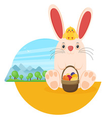 Vector illustration Easter bunny with chicken in flat style
