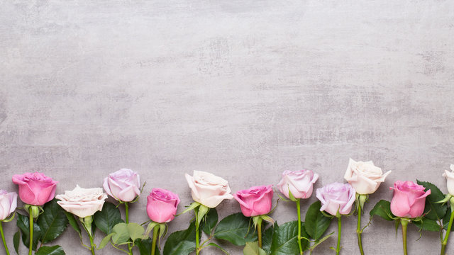 Fototapeta Flowers valentine day composition. Frame made of pink rose on gray background. Flat lay, top view, copy space.