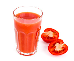 Glass with fresh tomato juice on white background