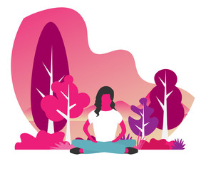 Girl sitting in a yoga Lotus position. Meditation girl Yoga in nature. Vector illustration