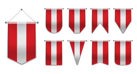 AUSTRIA. Set diversity shapes of the hanging flag of AUSTRIA. Template Pennant random national banners with texture. Realistic pennants for award, achievement, logo, signs, party, carnival, festival