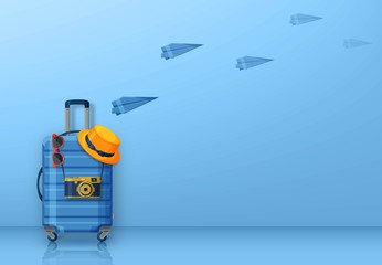 Travel concept with suitcase, sunglasses, hat and camera. Vector illustration