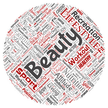 Vector conceptual healthy living positive nutrition sport round circle red word cloud isolated background. Collage of happiness care, organic, recreation workout, beauty, vital healthcare spa concept