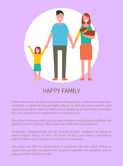 Happy family vector poster with parents, pretty daughter and dog pet. Relatives mother, father and girl isolated in circle. Love and relationship concept