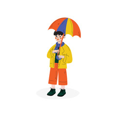 Boy Walking with Colorful Umbrella, Kids Spring or Summer Outdoor Activity Vector Illustration