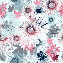 Beautiful floral vector pattern with hand drawn flowers