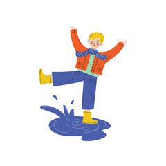 Boy Playing in Puddle, Kids Spring or Summer Outdoor Activity Vector Illustration