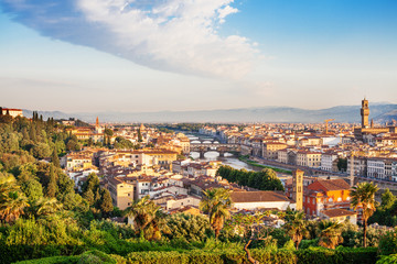 Panorama of Florence Italy. Firenze landmarks. Skyline Florence with sky, architecture and stone bridge Ponte Vecchio over the river Arno.