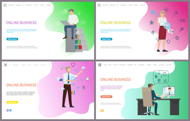 Online business, working male with laptop, searching for information vector. Woman interacting with digital world, charts and analysis of results