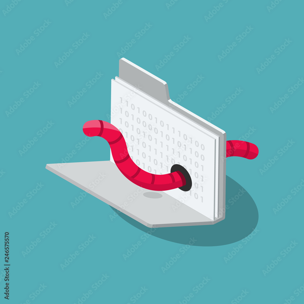 Leinwandbilder worm cyber attack symbol with folder, documents and red worm, isolated on blue background. flat desi