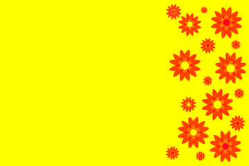 Obraz premium Red flowers on a bright yellow background, greeting card, copy space for text or design.