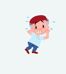 Businessman in casual style very alarmed takes the hands to the head.