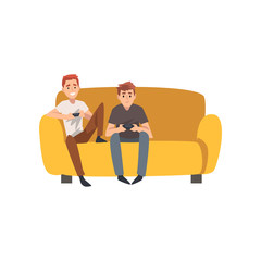 Men Sitting on Sofa And Playing Computer Games, Best Friends Spending Time Together at Home, Male Friendship Vector Illustration
