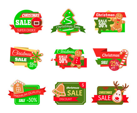Christmas sale pine tree and gingerbread man cookie vector. Spruce and snowflake, reindeer with horns, bell biscuits candy house and Santa Claus belt