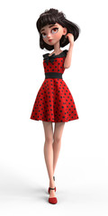 3d cartoon character of a brunette girl with big brown eyes. Beautiful cute cartoon fashion valentines girl in red dress with black polka dots. Romantic young woman. 3D rendering on white background.