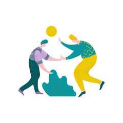 Two Plump Guys Giving Five to Each Other, Male Characters Having Fun, Human Interaction, Friendship, Teamwork, Cooperation Vector Illustration