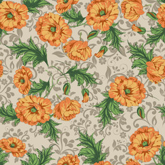 Beautiful poppy seamless pattern with leaves ivy green background
